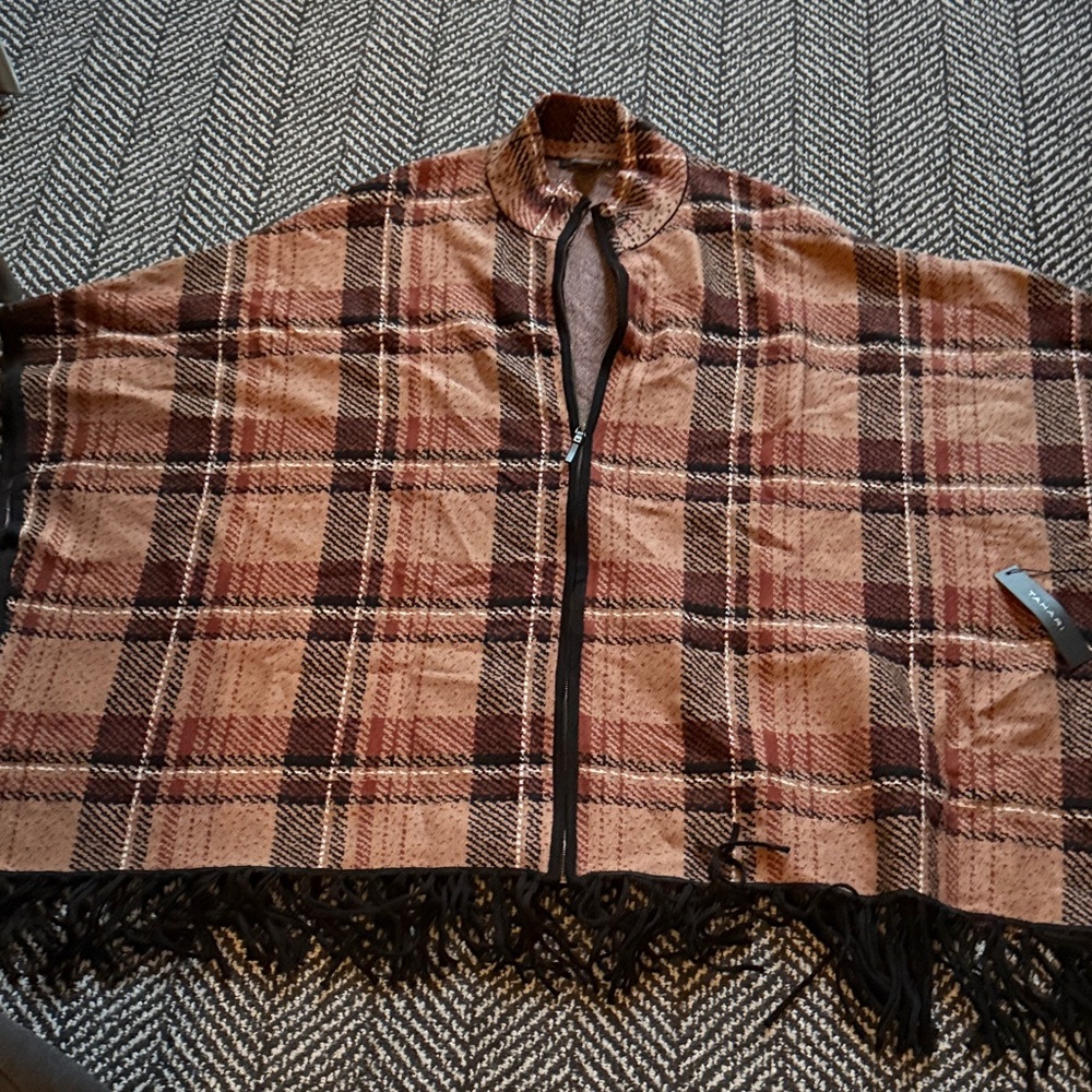 Tahari Plaid Fringe Cape in Tan and Brown